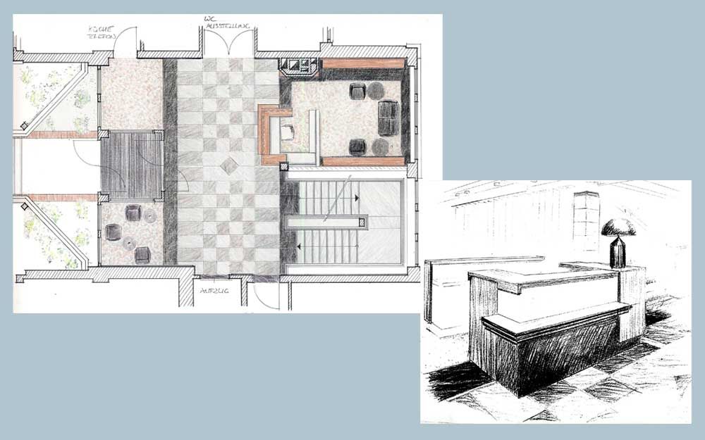 Empfang in einem Firmengebäude 1 - Zeichnung Heinz Hohnstädt